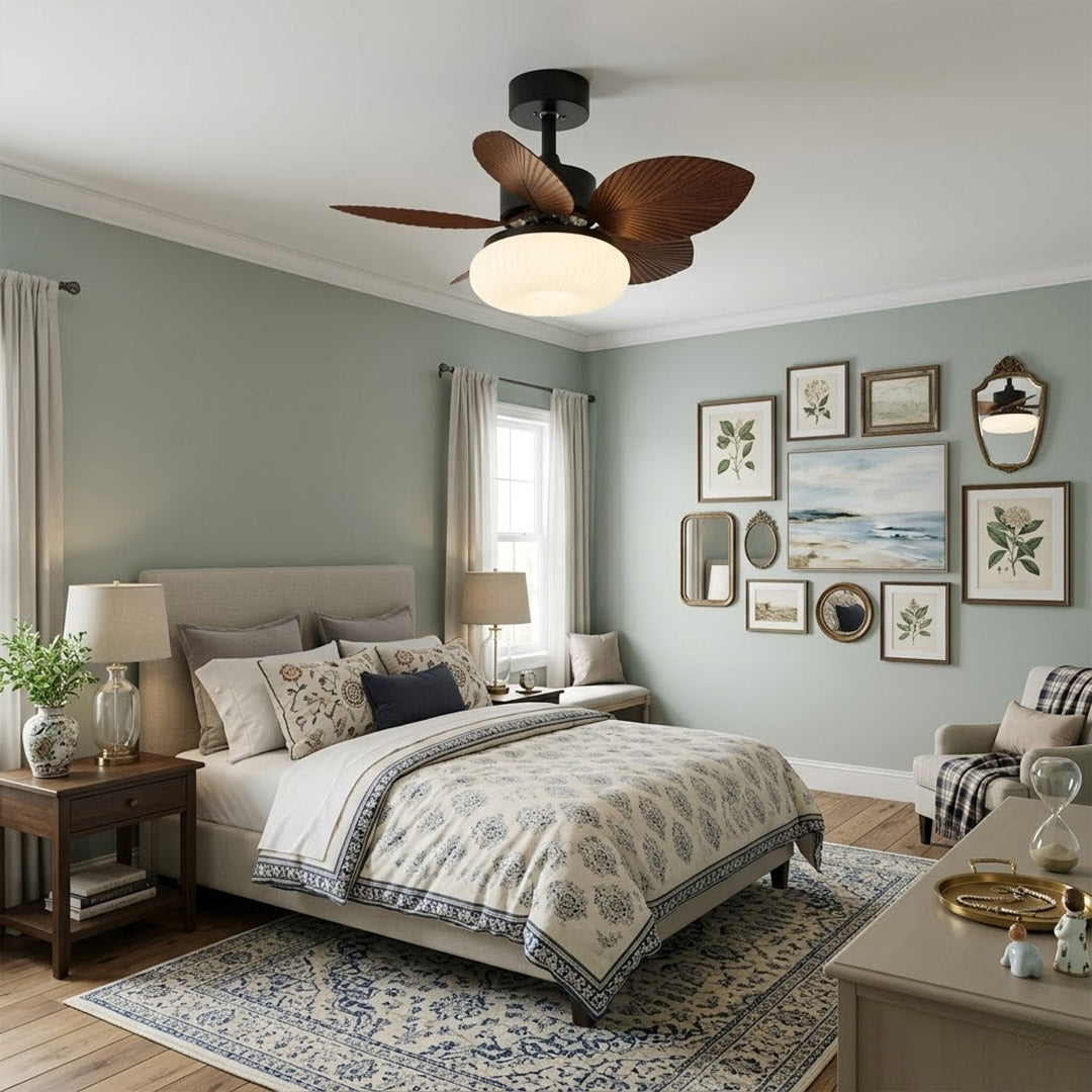 Crème French ceiling fan in bedroom 30 inch creamy ivory quiet operation cozy interior