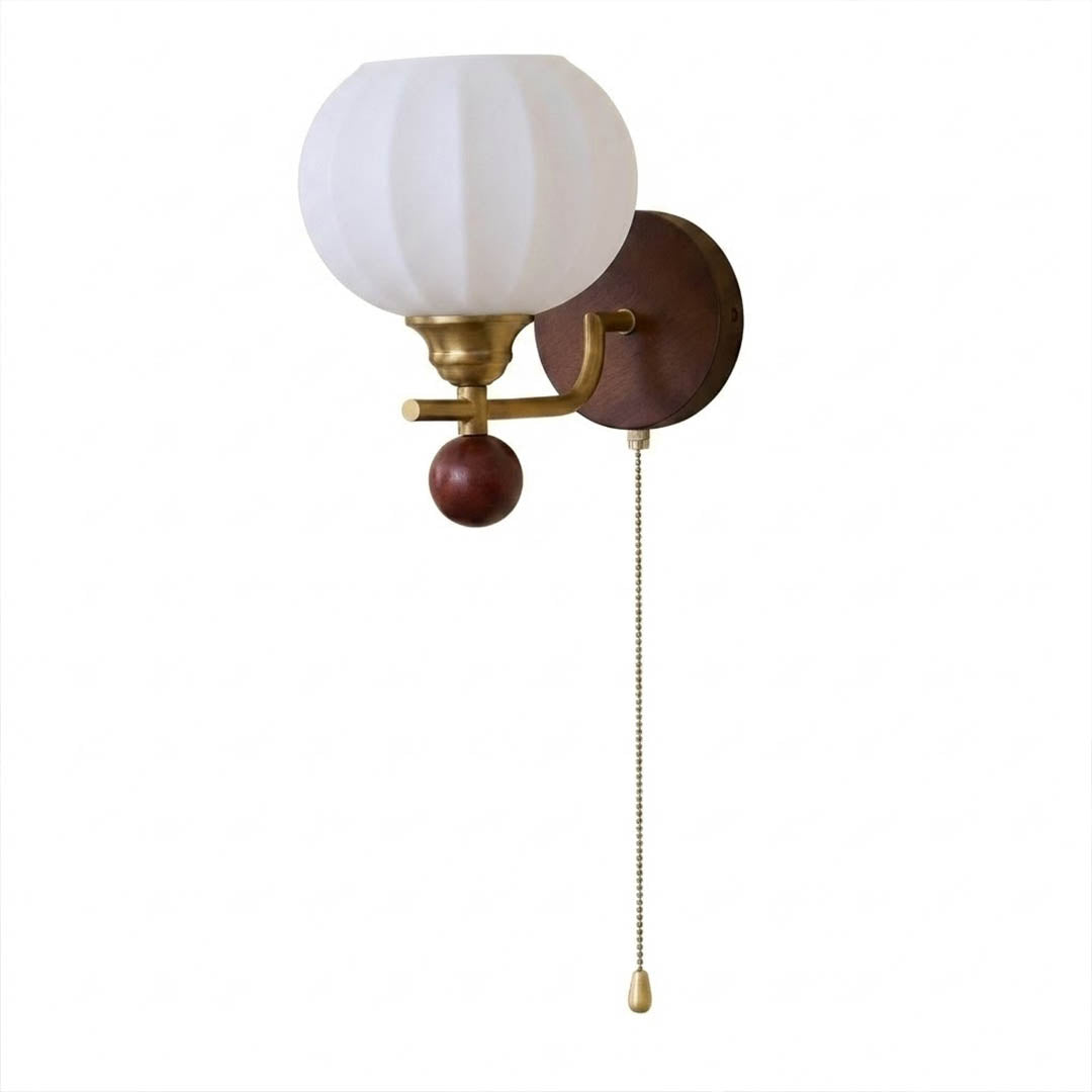 Crescent wall lamp model A walnut wood curved arm frosted glass globe white background