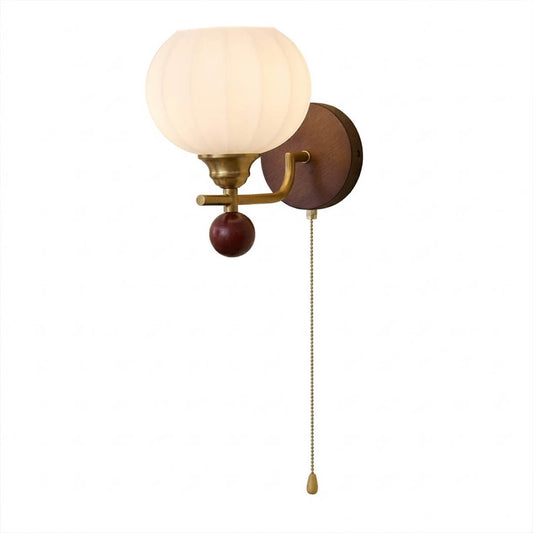 Crescent wall lamp model A walnut wood curved arm frosted glass globe white background