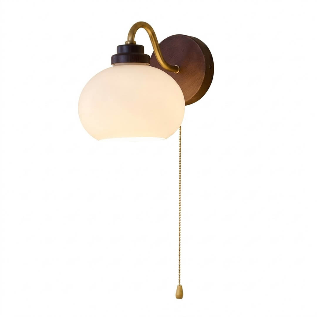 Crescent wall lamp model B walnut wood curved arm frosted glass globe white background