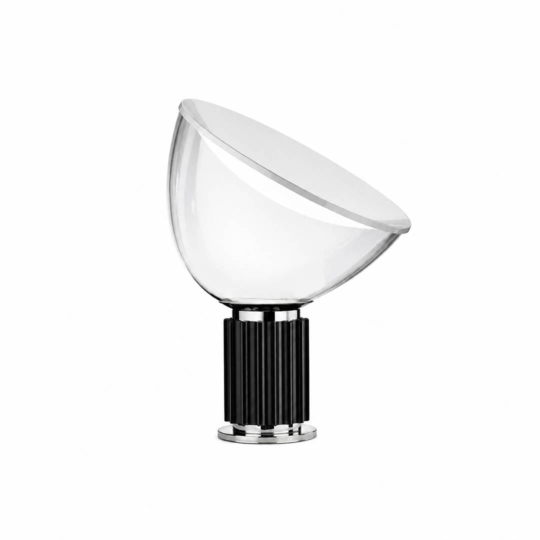 Cupola table lamp modern mushroom dome glass shade small size 14.7 inch black fluted aluminum reflector base mid century Castiglioni inspired designer statement indirect warm glow white background