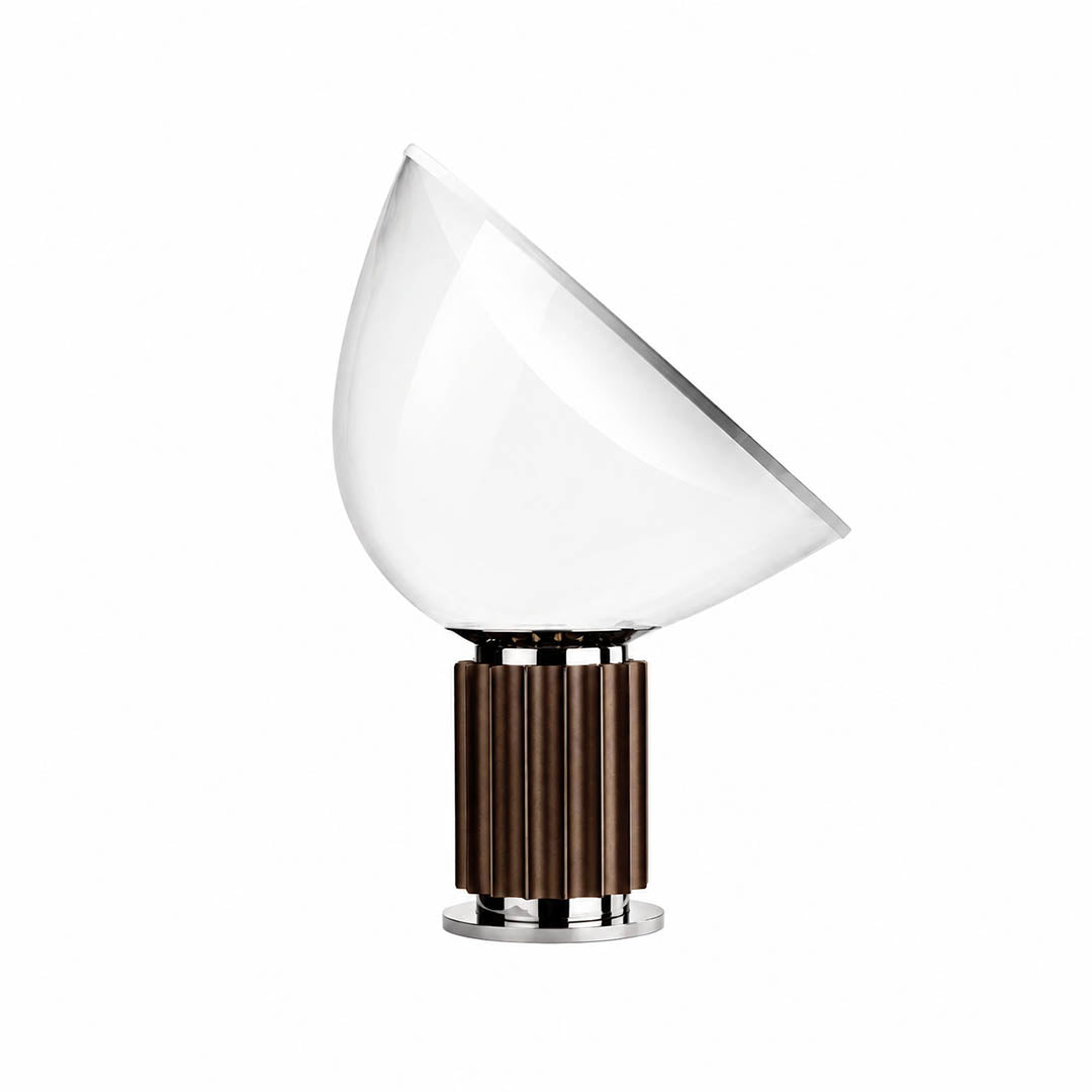 Cupola table lamp modern mushroom dome glass shade small size 14.7 inch coffee brown fluted aluminum reflector base mid century Castiglioni inspired designer statement indirect warm glow white background