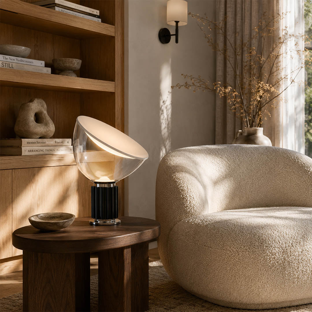Cupola table lamp large black modern reading corner armchair side table cozy intimate mushroom dome sculptural mid century Castiglioni inspired warm indirect ambient lifestyle interior