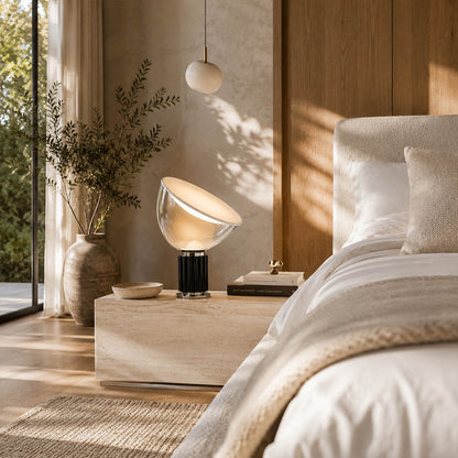 Cupola table lamp small black modern primary bedroom bedside nightstand mushroom dome sculptural mid century Castiglioni inspired warm indirect ambient intimate lifestyle interior