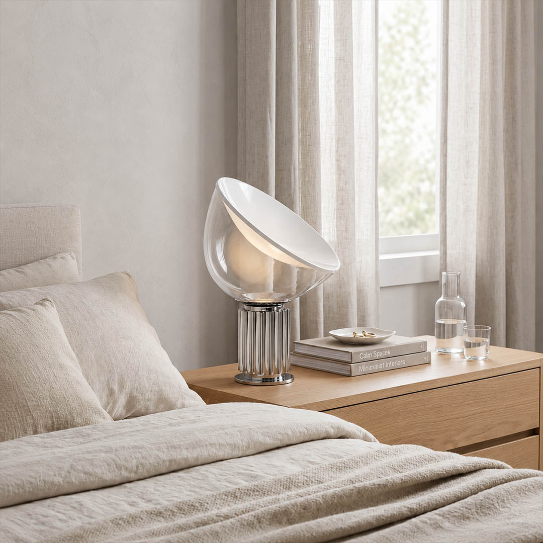 Cupola table lamp small black modern primary bedroom bedside nightstand mushroom dome sculptural mid century Castiglioni inspired warm indirect ambient intimate lifestyle interior