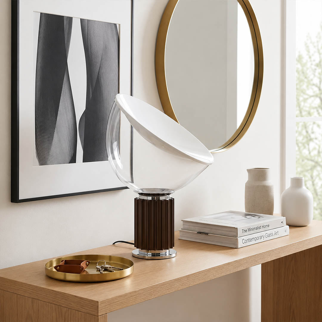 Cupola table lamp small silver modern entryway foyer console welcome mushroom dome sculptural mid century Castiglioni inspired warm indirect ambient elegant lifestyle interior