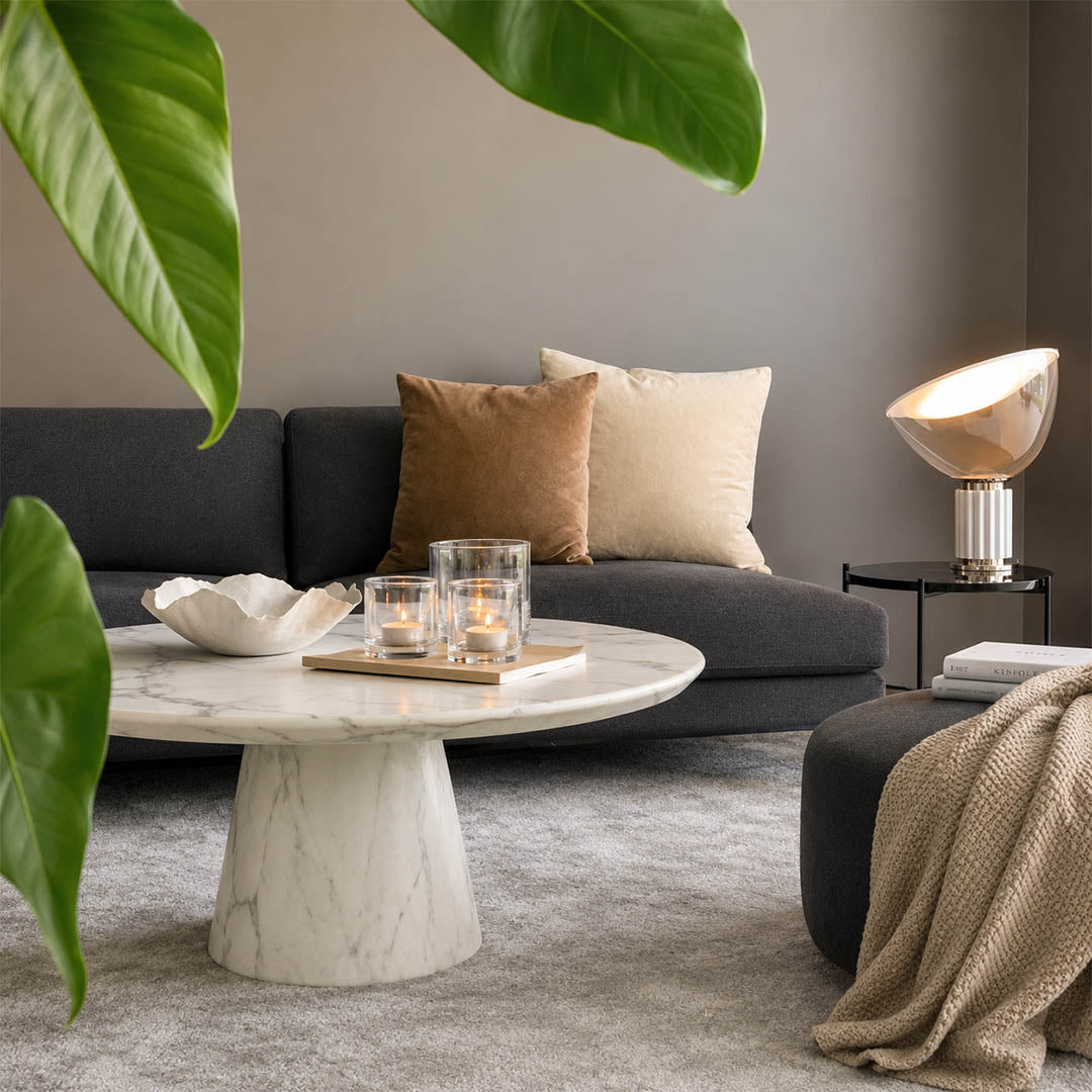 Cupola table lamp large silver modern living room console side table mushroom dome sculptural mid century Castiglioni inspired warm indirect ambient statement lifestyle interior