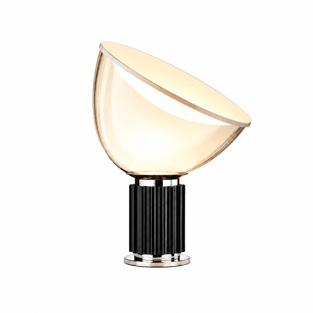 Cupola table lamp modern mushroom dome glass shade large size 19.5 inch black fluted aluminum reflector base mid century Castiglioni inspired designer statement indirect warm glow white background