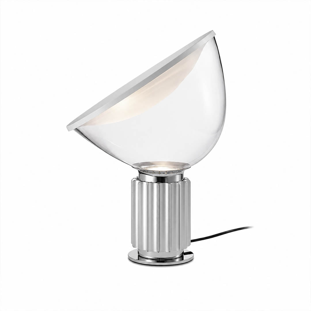 Cupola table lamp modern mushroom dome glass shade small size 14.7 inch silver polished fluted aluminum reflector base mid century Castiglioni inspired designer statement indirect warm glow white background