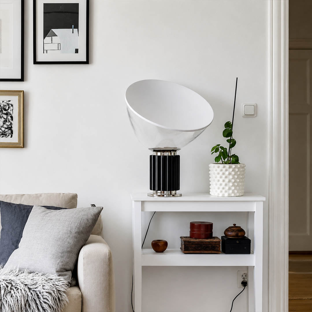 Cupola table lamp large silver modern living room console side table mushroom dome sculptural mid century Castiglioni inspired warm indirect ambient statement lifestyle interior