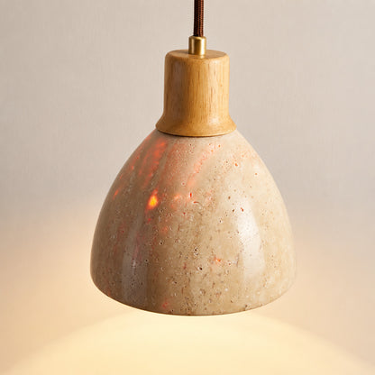 Cupola travertine pendant light yellow travertine natural stone veining porous texture dome detail close up unique