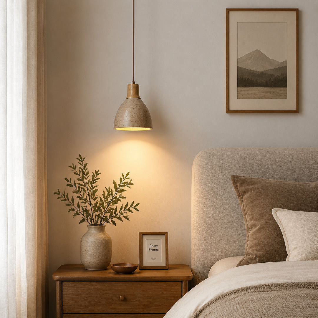 Cupola travertine pendant light bedroom bedside warm glow travertine stone wood dome cozy American home lifestyle interior styled