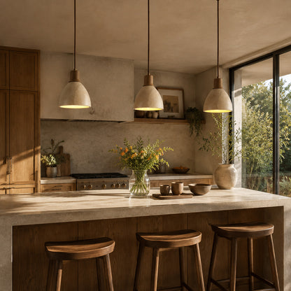 Cupola travertine pendant light kitchen island warm downward glow travertine stone wood dome minimalist American home lifestyle interior styled