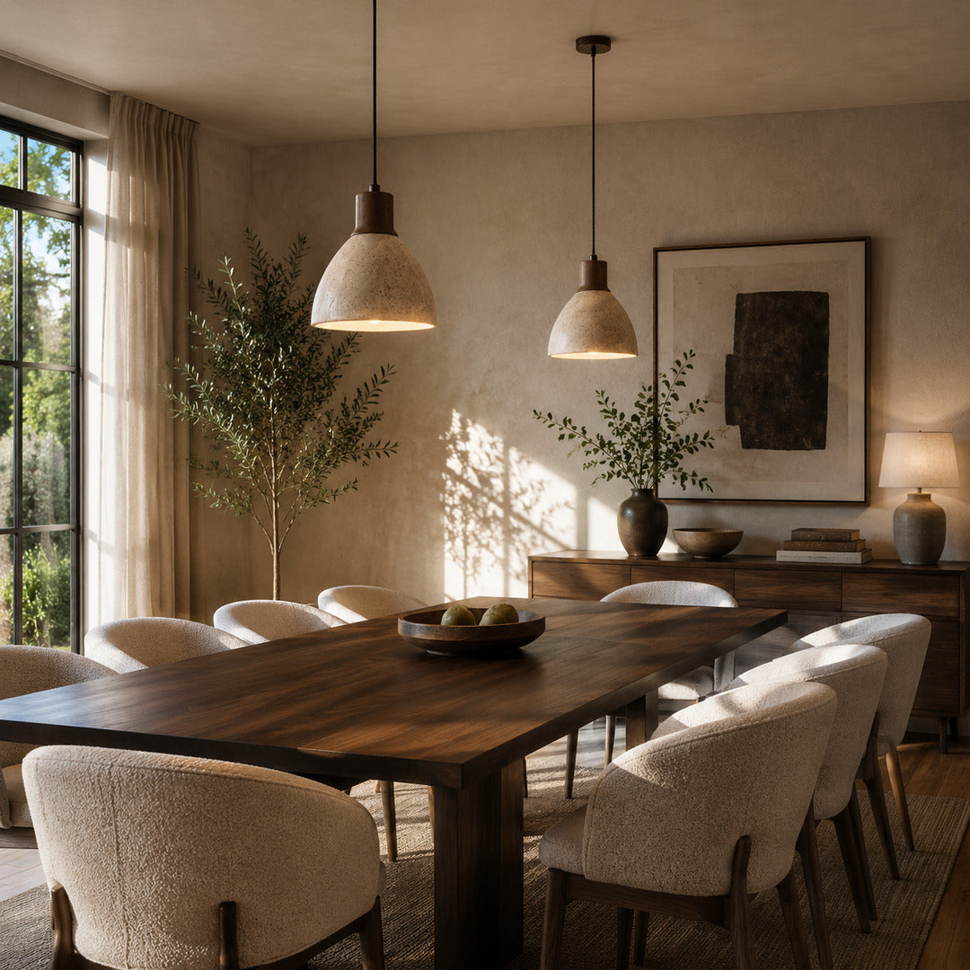 Cupola travertine pendant light dining table warm glow travertine stone wood dome Japandi American home lifestyle interior styled