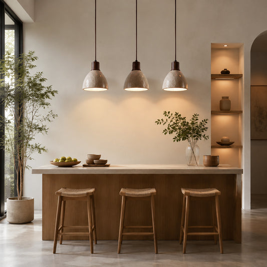 Cupola travertine pendant light kitchen island warm downward glow travertine stone wood dome minimalist American home lifestyle interior styled