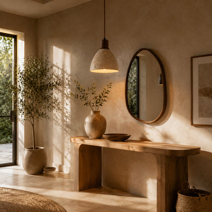Cupola travertine pendant light wabi sabi japandi scandinavian natural stone wood space travertine warm American home lifestyle interior styled