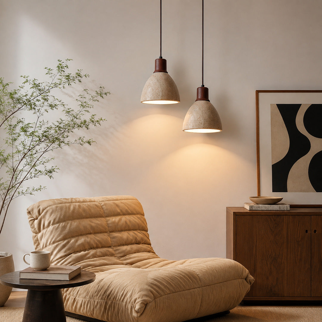 Cupola travertine pendant light wabi sabi japandi scandinavian natural stone wood space travertine warm American home lifestyle interior styled
