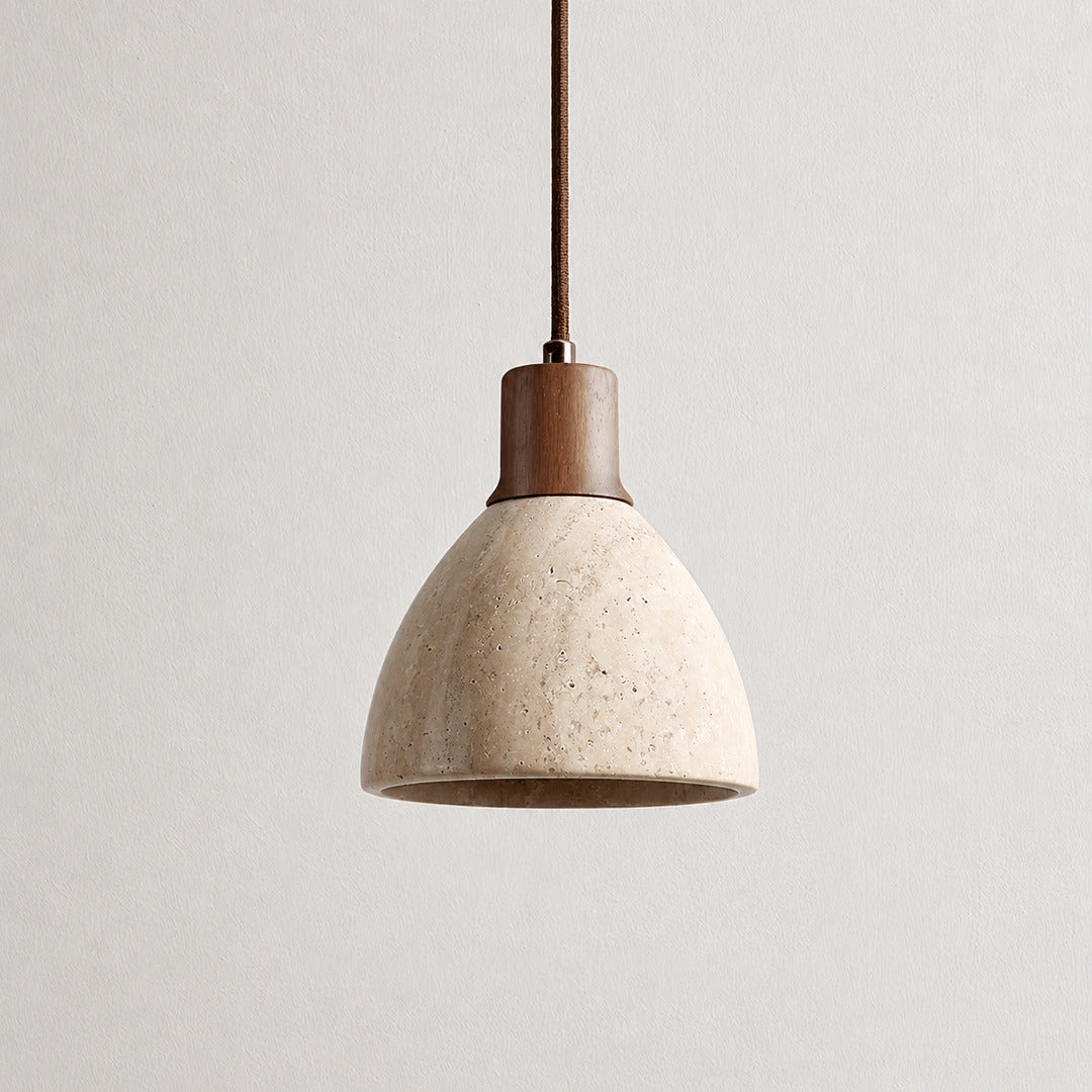 Cupola travertine pendant light yellow travertine stone dome solid wood collar mini minimalist white background