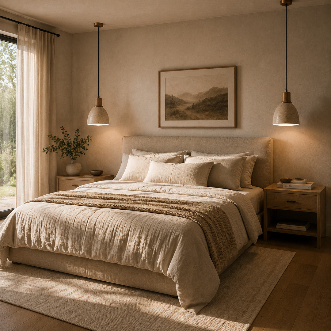 Cupola travertine pendant light bedroom bedside warm glow travertine stone wood dome cozy American home lifestyle interior styled