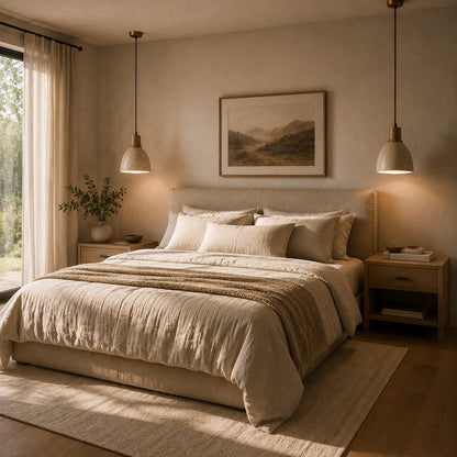 Cupola travertine pendant light bedroom bedside warm glow travertine stone wood dome cozy American home lifestyle interior styled