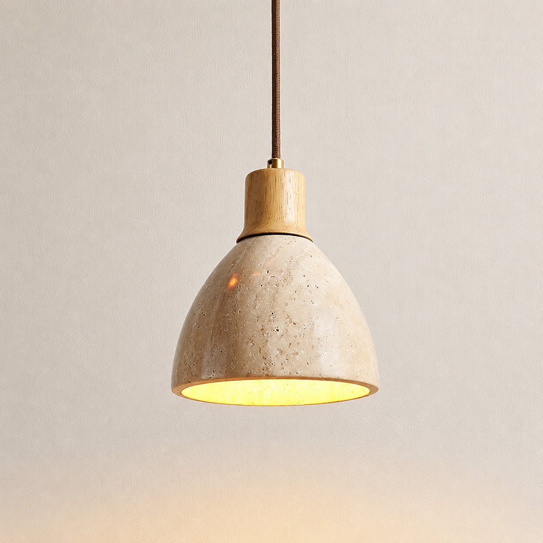 Cupola travertine pendant light wood color oak collar yellow travertine dome mini white background