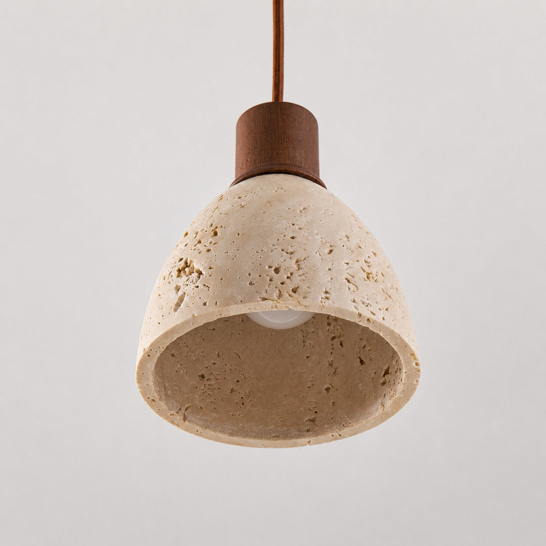 Cupola travertine pendant light yellow travertine natural stone veining porous texture dome detail close up unique