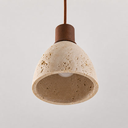 Cupola travertine pendant light yellow travertine natural stone veining porous texture dome detail close up unique
