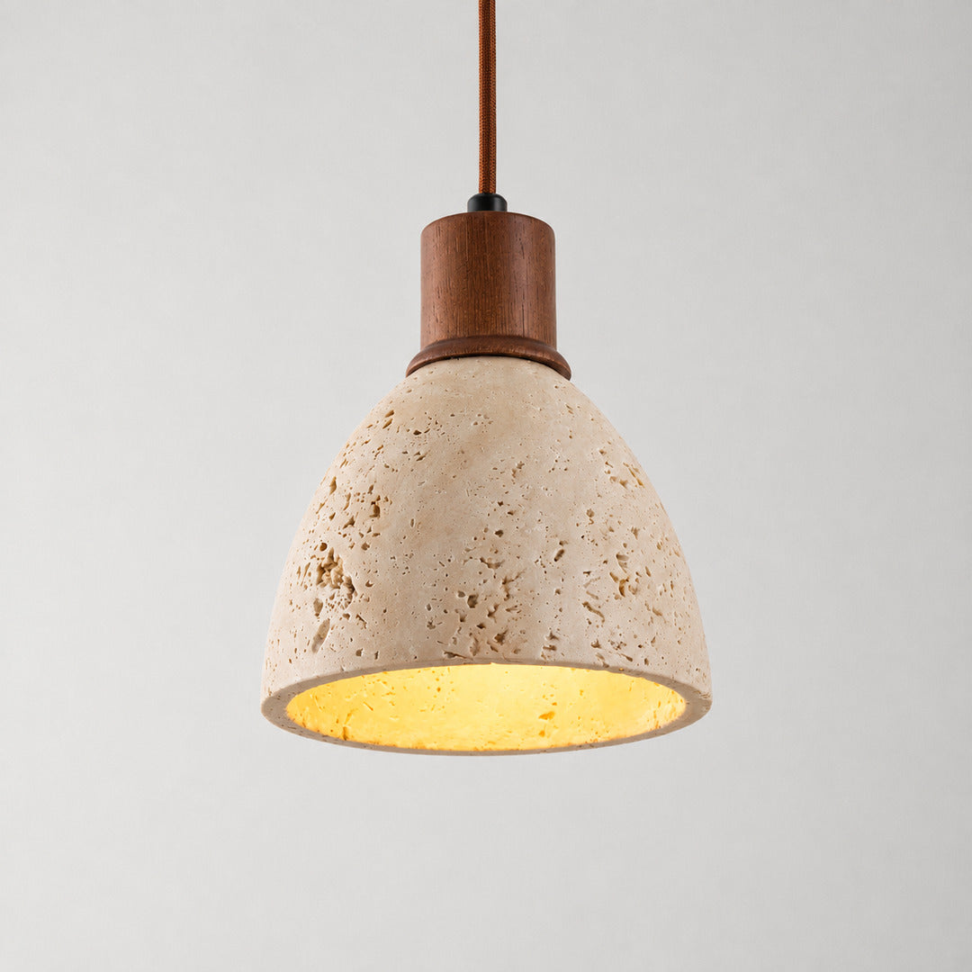 Cupola travertine pendant light yellow travertine stone dome solid wood collar mini minimalist white background