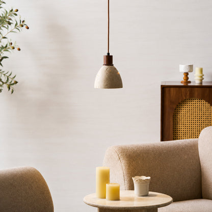 Cupola travertine pendant light breakfast nook warm glow travertine stone wood dome American home lifestyle interior styled