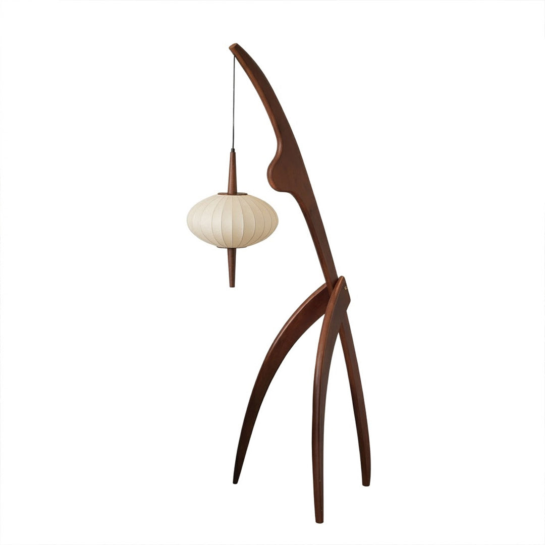 Cygnus floor lamp walnut wood frame ivory silk shade long reach arm Mid Century transitional 63 inch white background