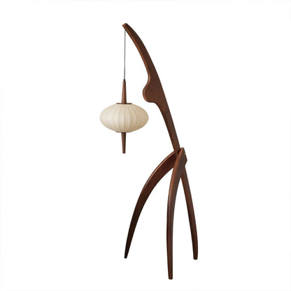 Cygnus floor lamp walnut wood frame ivory silk shade long reach arm Mid Century transitional 63 inch white background