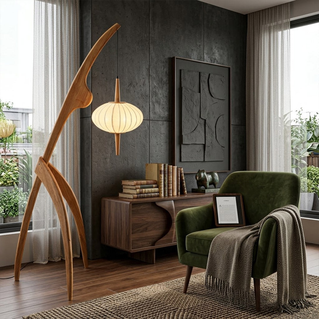 Cygnus natural wood floor lamp Japandi living room next to reading armchair silk warm glow Scandinavian minimalist interior