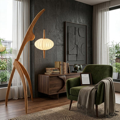 Cygnus natural wood floor lamp Japandi living room next to reading armchair silk warm glow Scandinavian minimalist interior