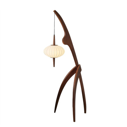 Cygnus floor lamp walnut wood frame ivory silk shade long reach arm Mid Century transitional 63 inch white background