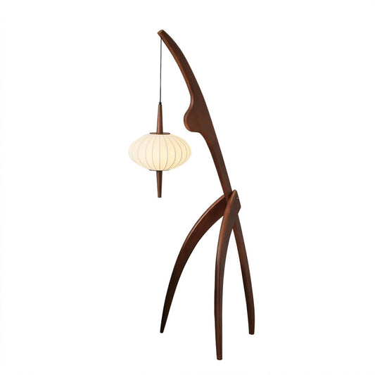 Cygnus floor lamp walnut wood frame ivory silk shade long reach arm Mid Century transitional 63 inch white background