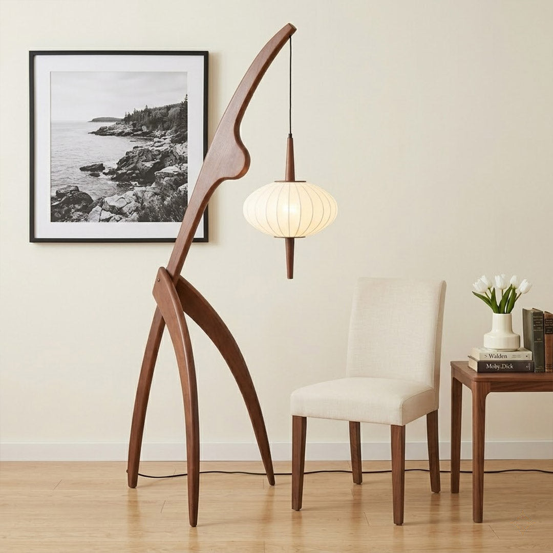 Cygnus natural wood floor lamp Japandi living room next to reading armchair silk warm glow Scandinavian minimalist interior
