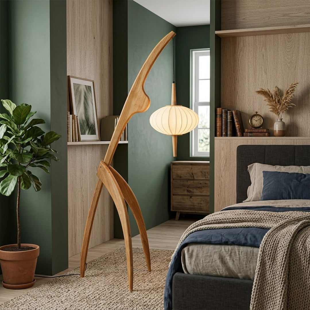 Cygnus natural wood floor lamp master bedroom corner ambient silk glow Japandi neutral palette warm evening interior