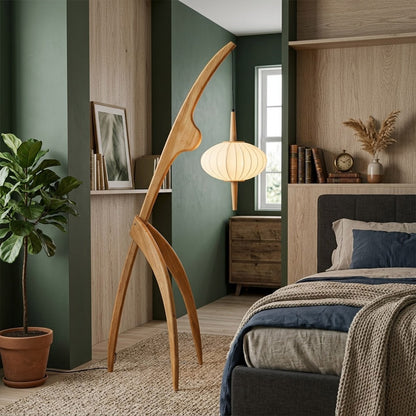 Cygnus natural wood floor lamp master bedroom corner ambient silk glow Japandi neutral palette warm evening interior
