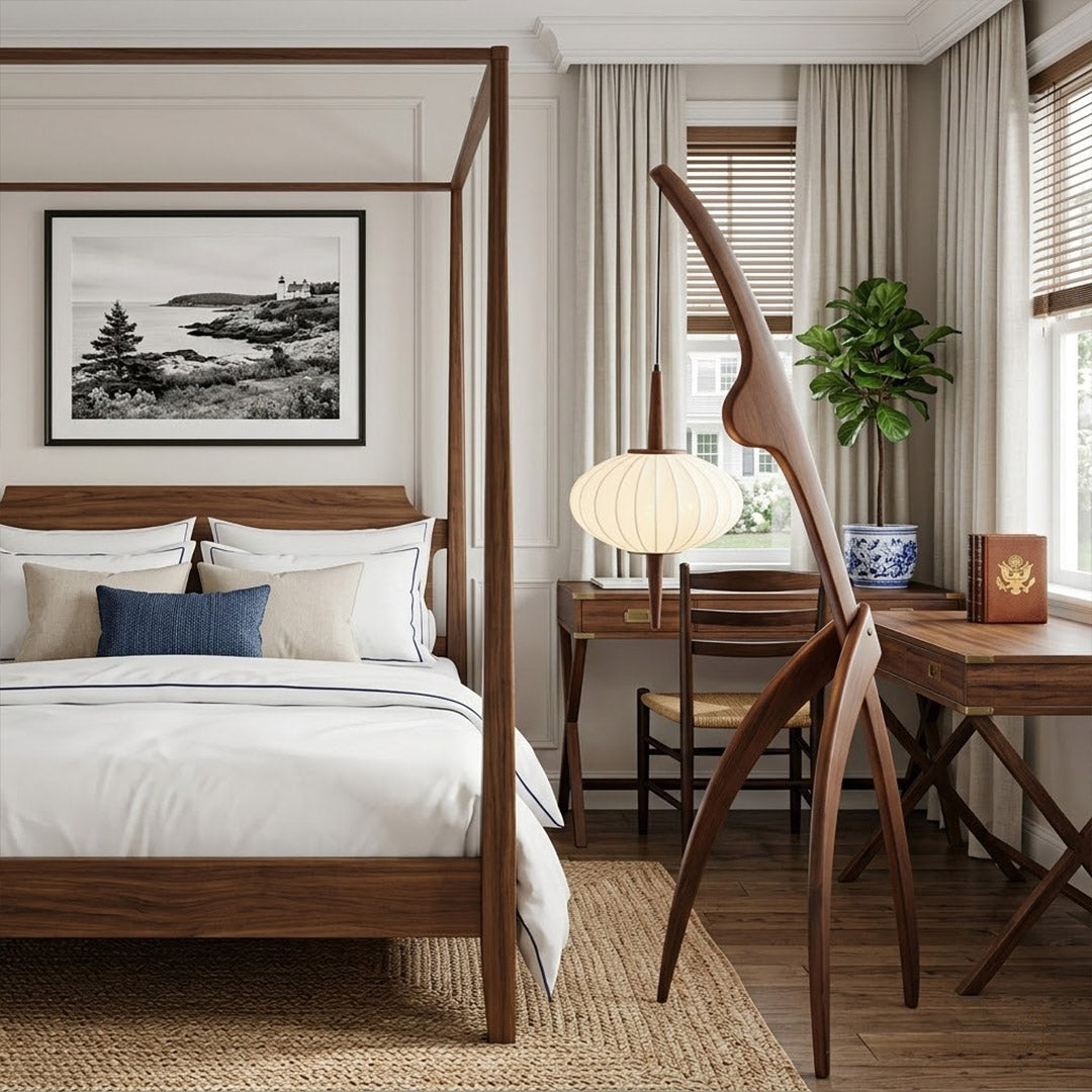 Cygnus natural wood floor lamp master bedroom corner ambient silk glow Japandi neutral palette warm evening interior
