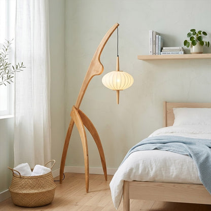 Cygnus natural wood floor lamp master bedroom corner ambient silk glow Japandi neutral palette warm evening interior