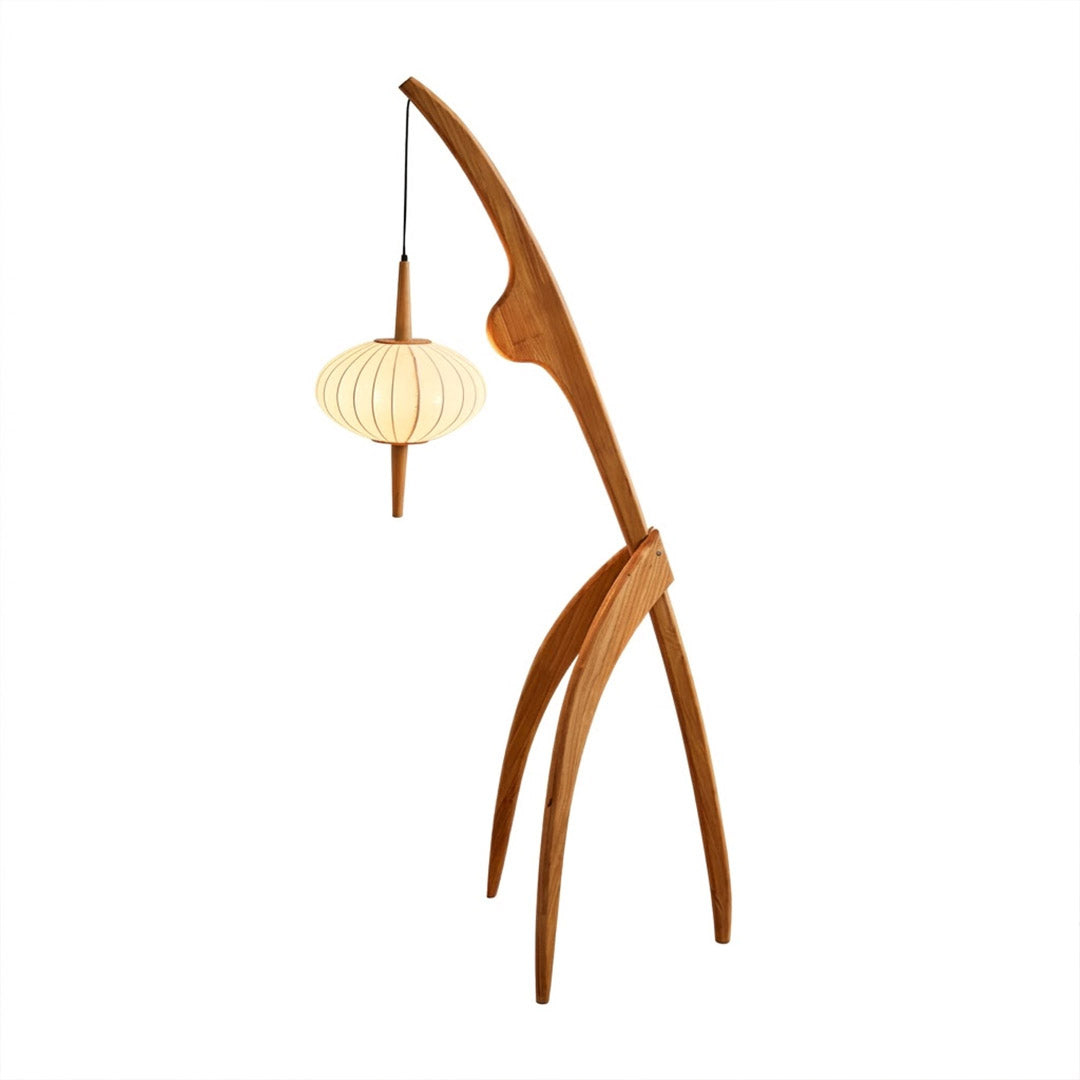 Cygnus floor lamp natural wood solid frame ivory silk shade long reach arm Japandi Scandinavian 63 inch white background
