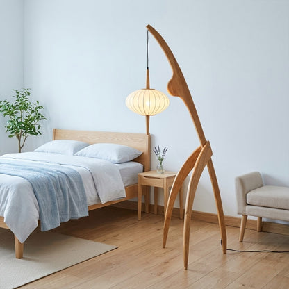 Cygnus natural wood floor lamp master bedroom corner ambient silk glow Japandi neutral palette warm evening interior