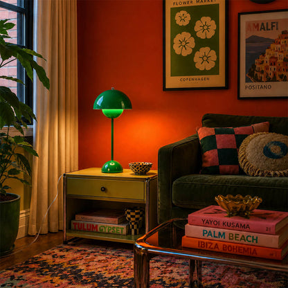 Daisy Chrome VP3 style mushroom table lamp living room Mid Century iconic designer Verner Panton tribute warm glow walnut wood interior lifestyle
