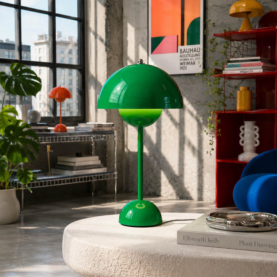 Daisy Dark Green VP3 mushroom table lamp reading corner Cottagecore botanical Mid Century designer warm glow lifestyle interior