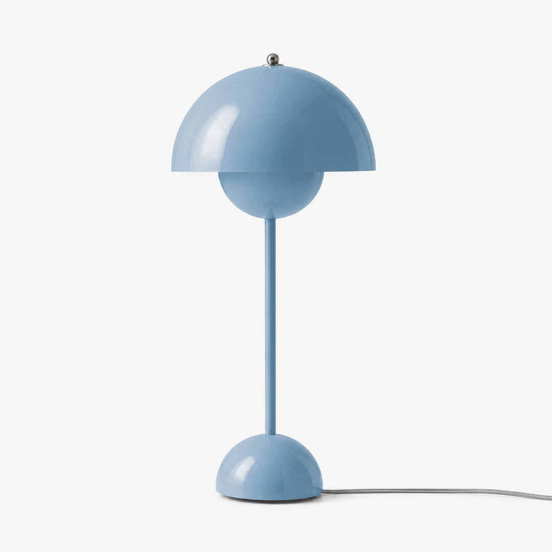 Daisy VP3 style mushroom table lamp Sky Blue light pastel Mid Century designer airy white background