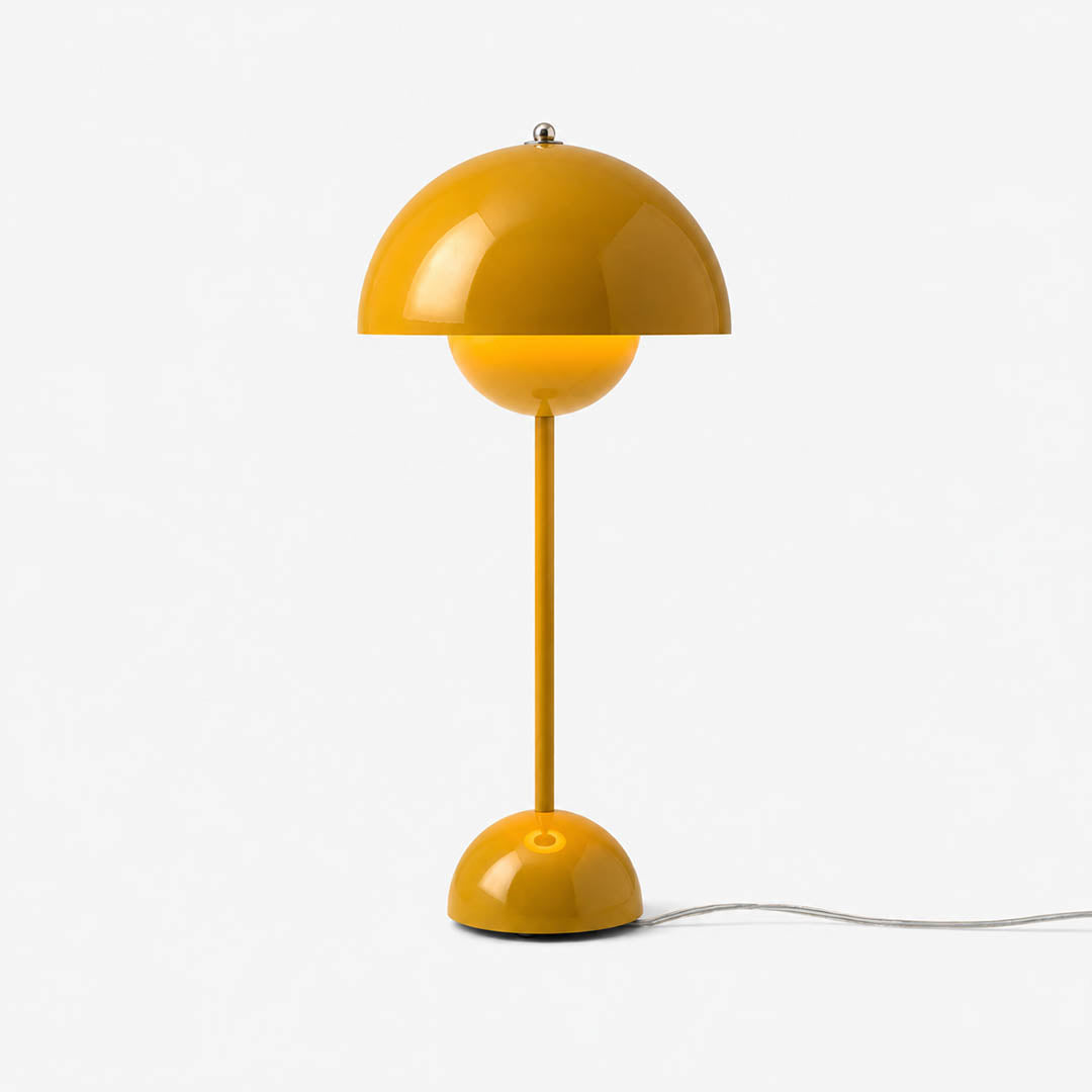 Daisy VP3 style mushroom table lamp Yellow vibrant Y2K Mid Century designer cheerful white background
