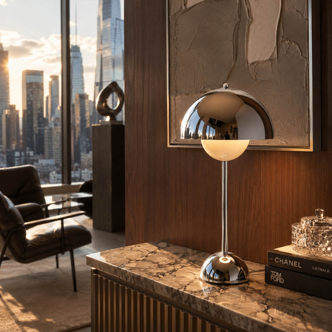 Daisy Chrome VP3 style mushroom table lamp living room Mid Century iconic designer Verner Panton tribute warm glow walnut wood interior lifestyle