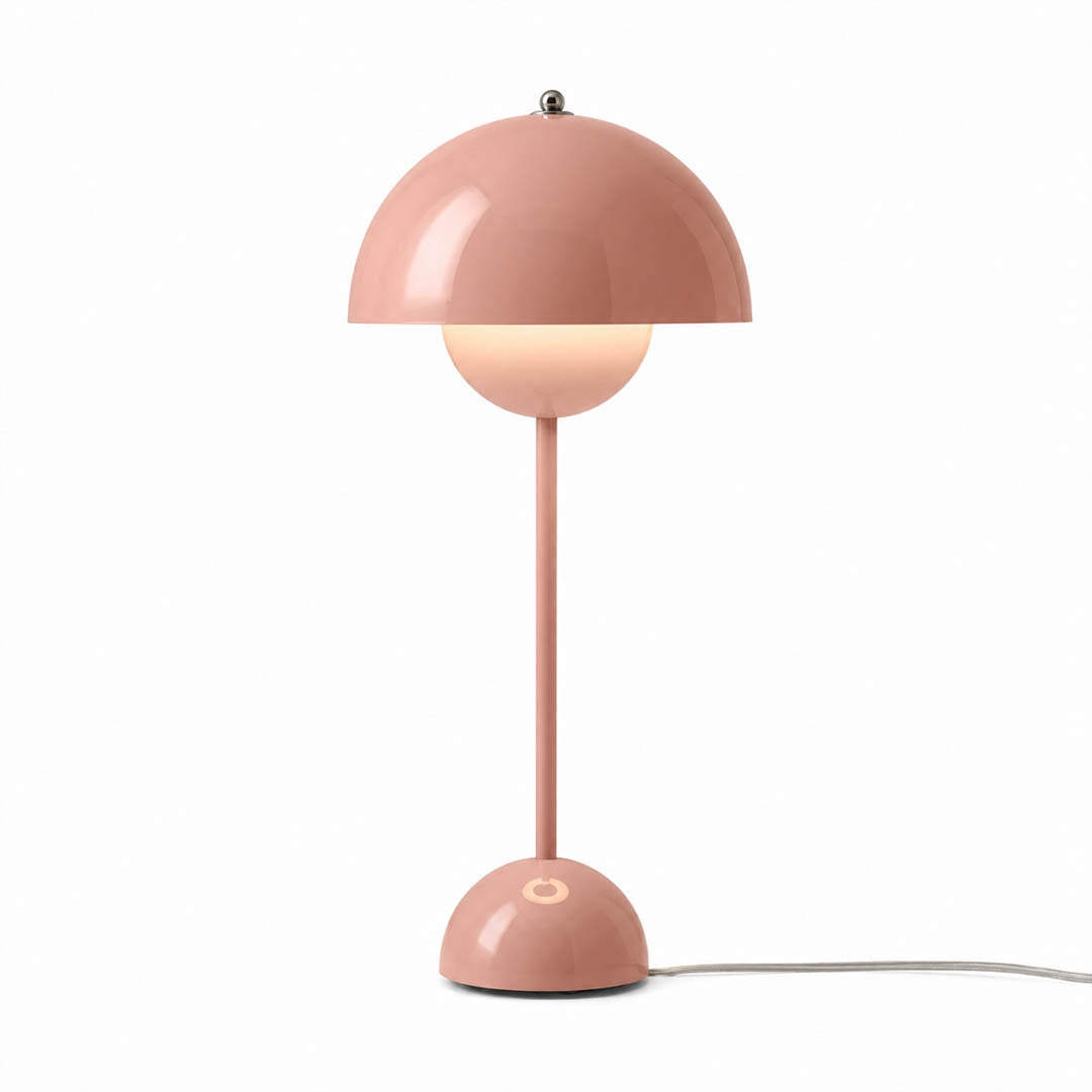 Daisy VP3 style mushroom table lamp Lotus Pink soft romantic Y2K Mid Century designer feminine white background