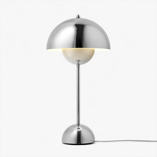 Daisy VP3 style mushroom table lamp Chrome polished metal Mid Century iconic Verner Panton designer tribute white background