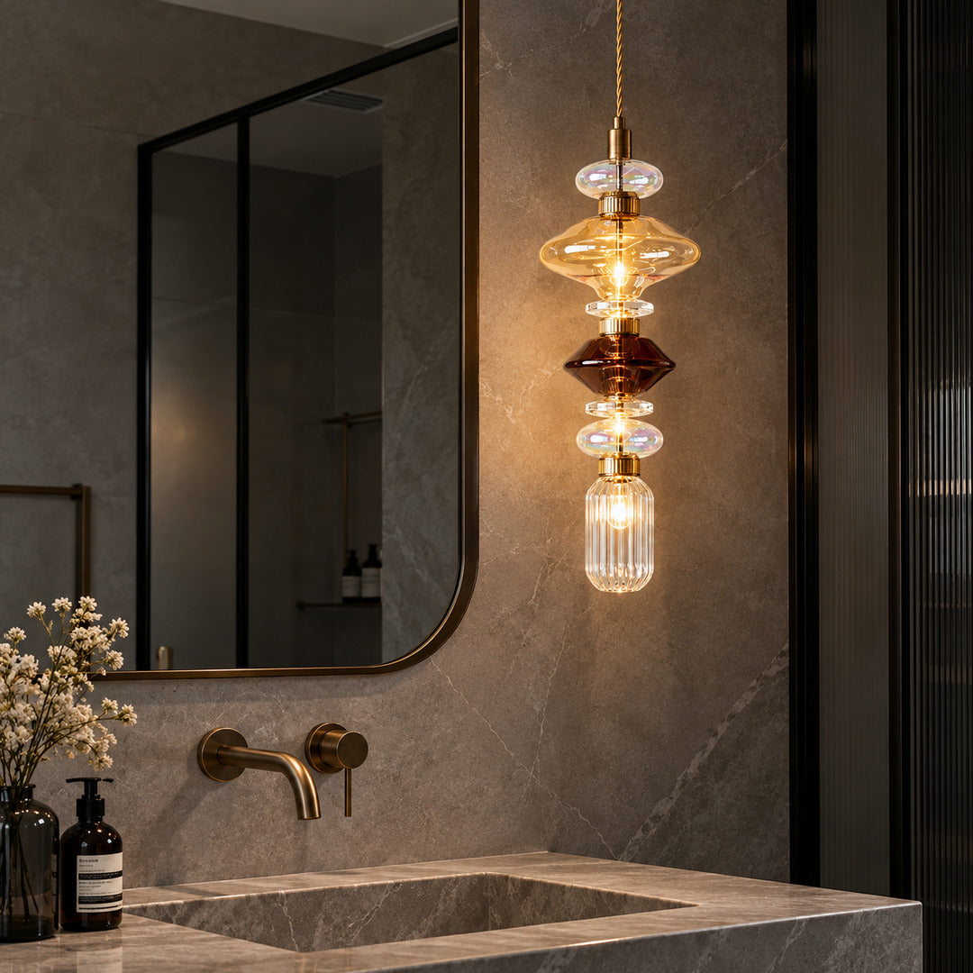 Clear Danza glass pendant lights in a clean modern minimalist kitchen